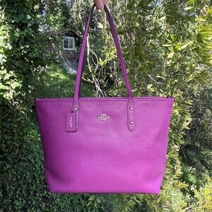 COACH City Zip Top Tote Purple Shoulder Bag w Silver Hardware AUTHENTIC